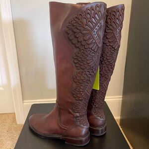 Brown Knee-High Leather Boots with Cutout Design